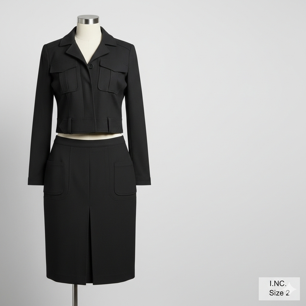INC International Concepts Black 2-Piece Cropped Jacket & Skirt Suit Size 2 - Picture 3 of 16